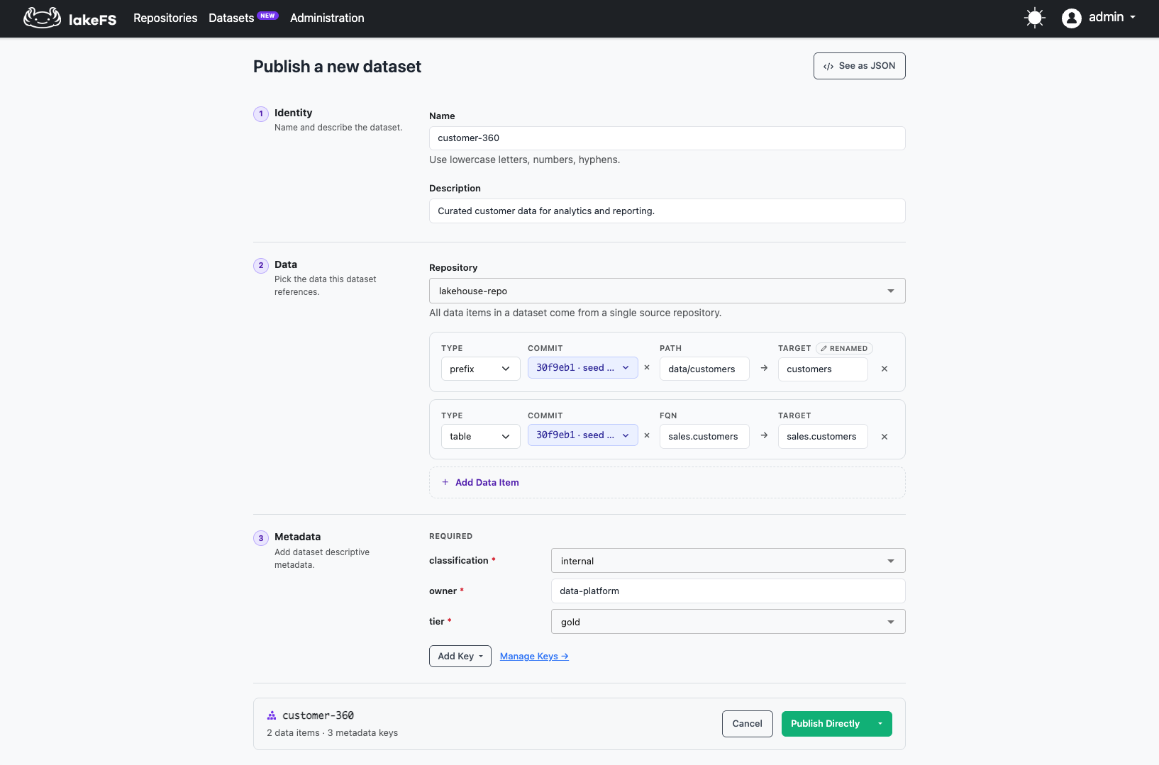 Create dataset — form mode
