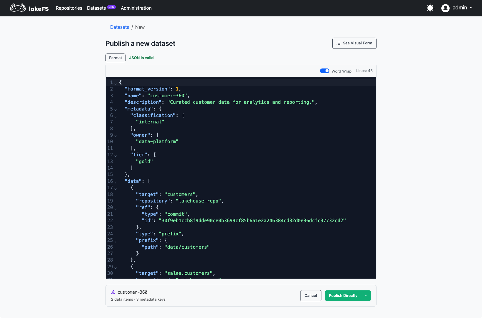 Create dataset — JSON mode