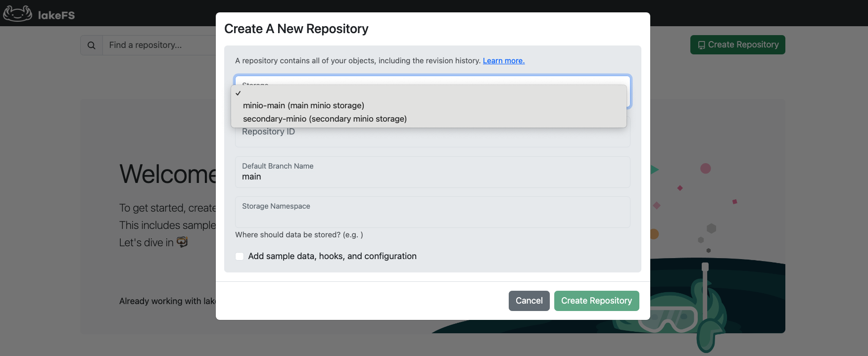 create repo with storage id