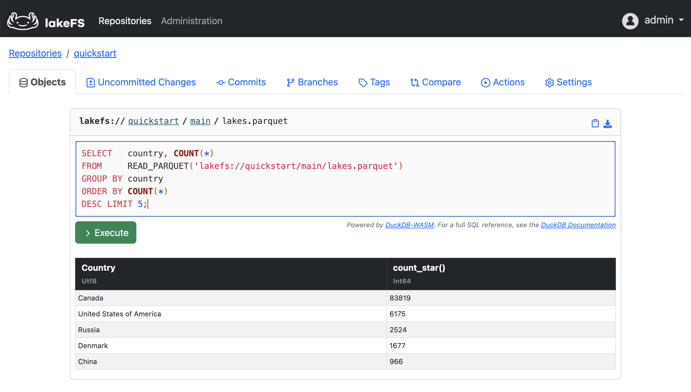 The lakeFS object viewer with DuckDB query showing that the lakes dataset on main branch has been successfully returned to state prior to the merge.