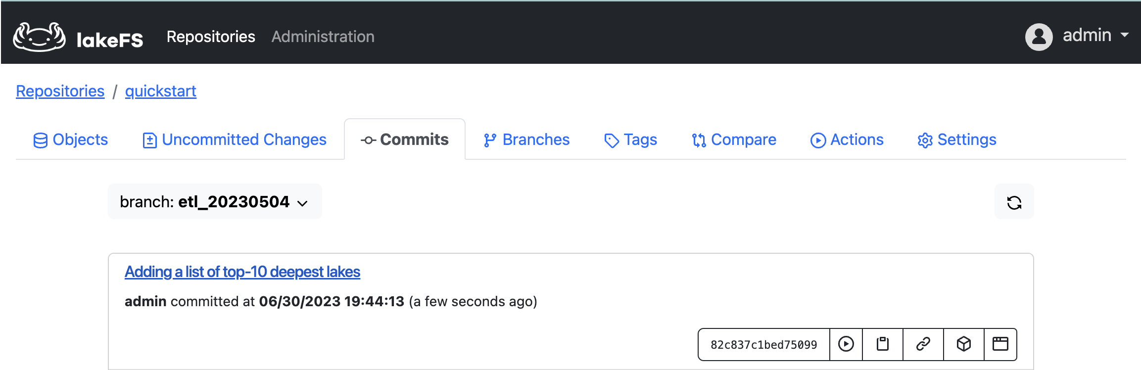 Commit history in lakeFS showing that the commit met the rules set by the action and completed successfully.
