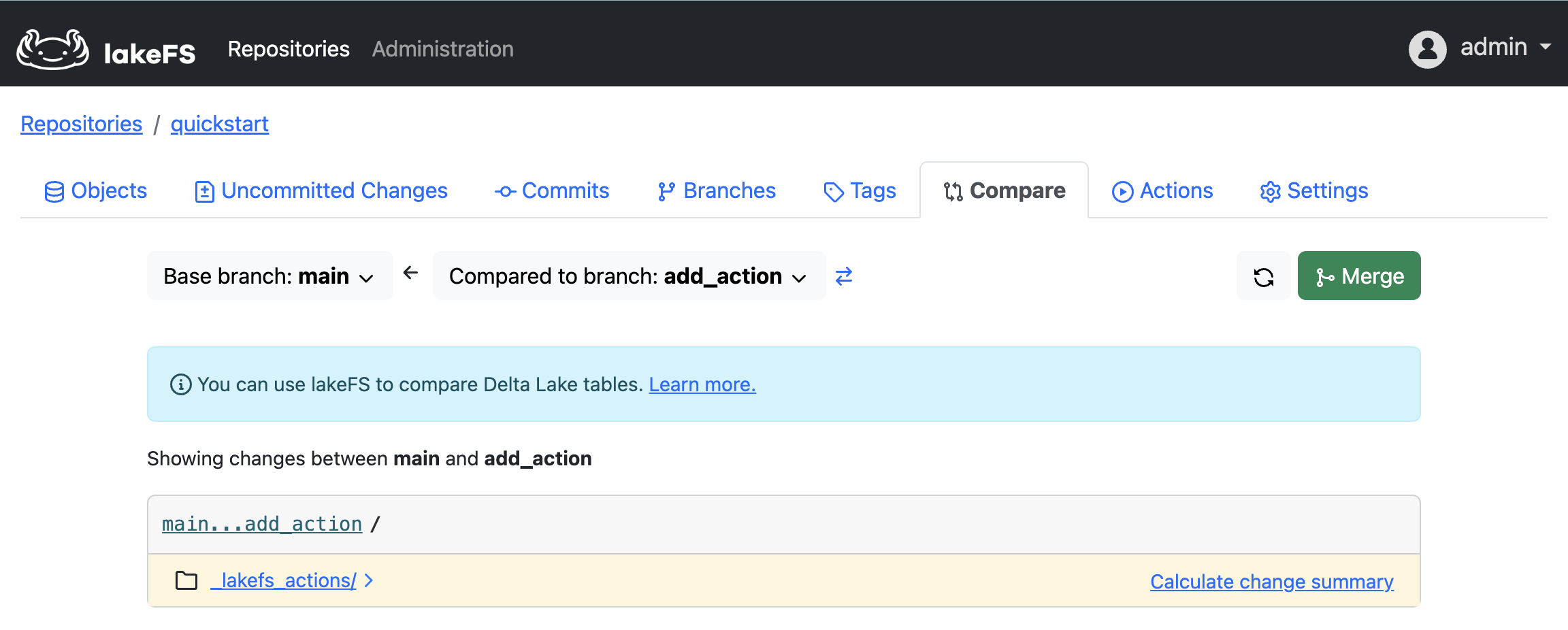 lakeFS Compare view showing the difference between <code>main</code> and <code>add_action</code> branches