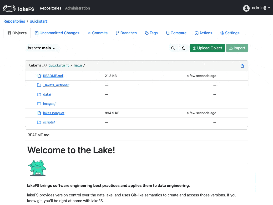 The quickstart sample repo in lakeFS